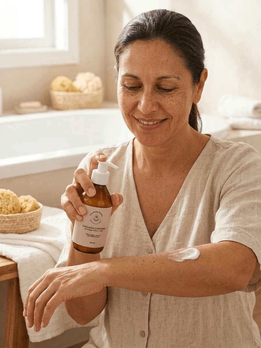 Mujer aplicando una emulsión corporal